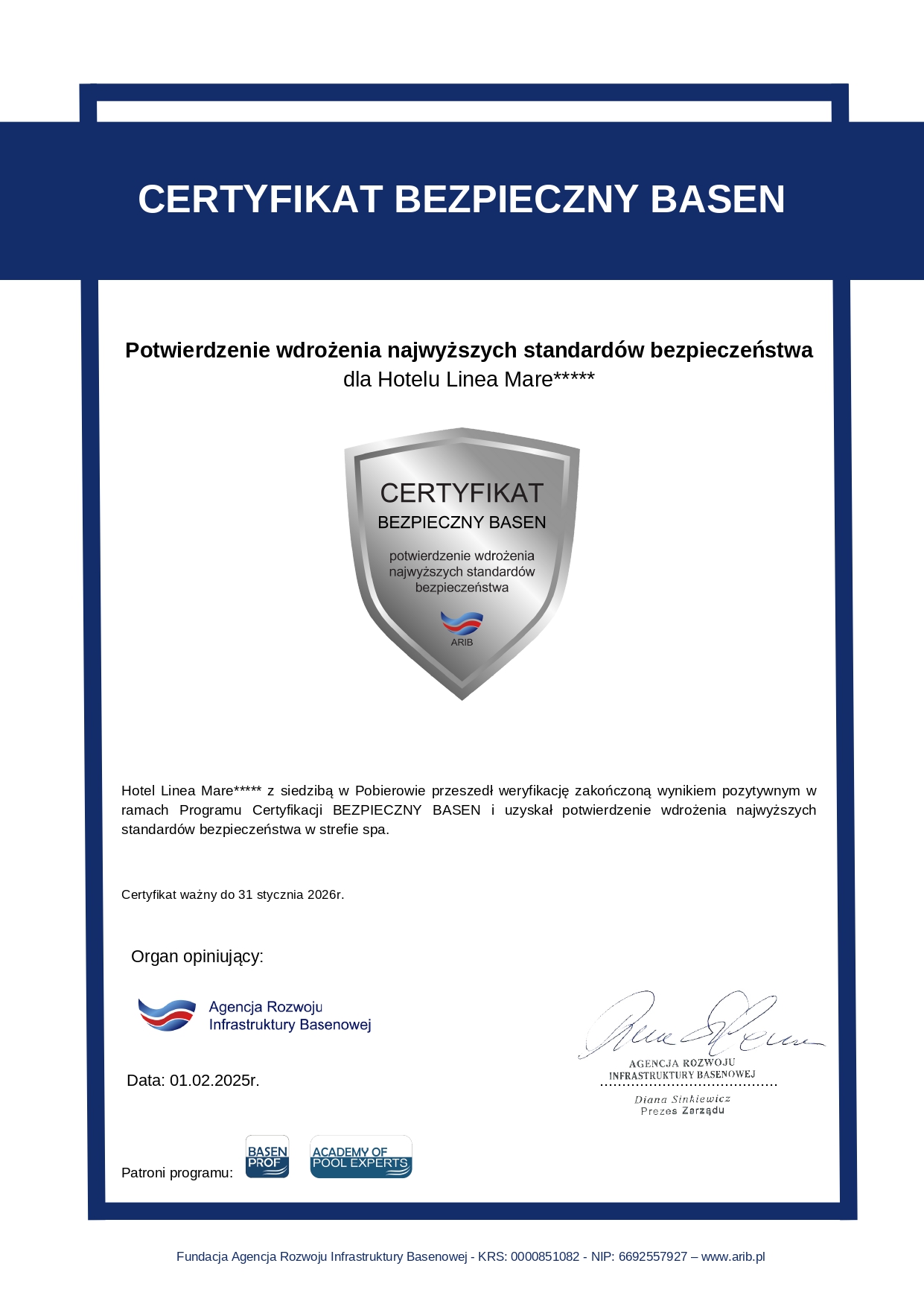 Polish Safe Pool certificate for Linea Mare