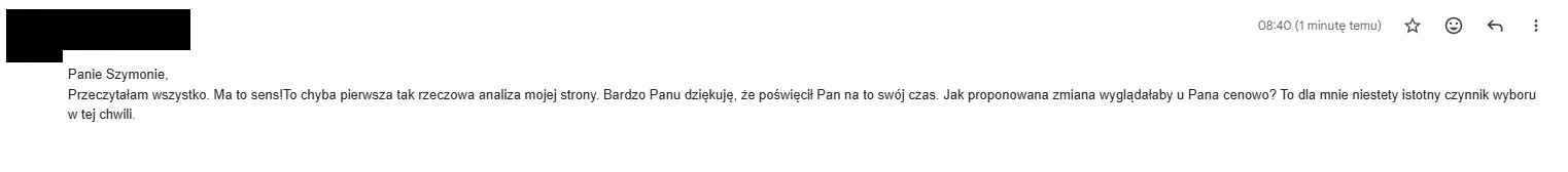Mail od klientki po otrzymaniu symulacji